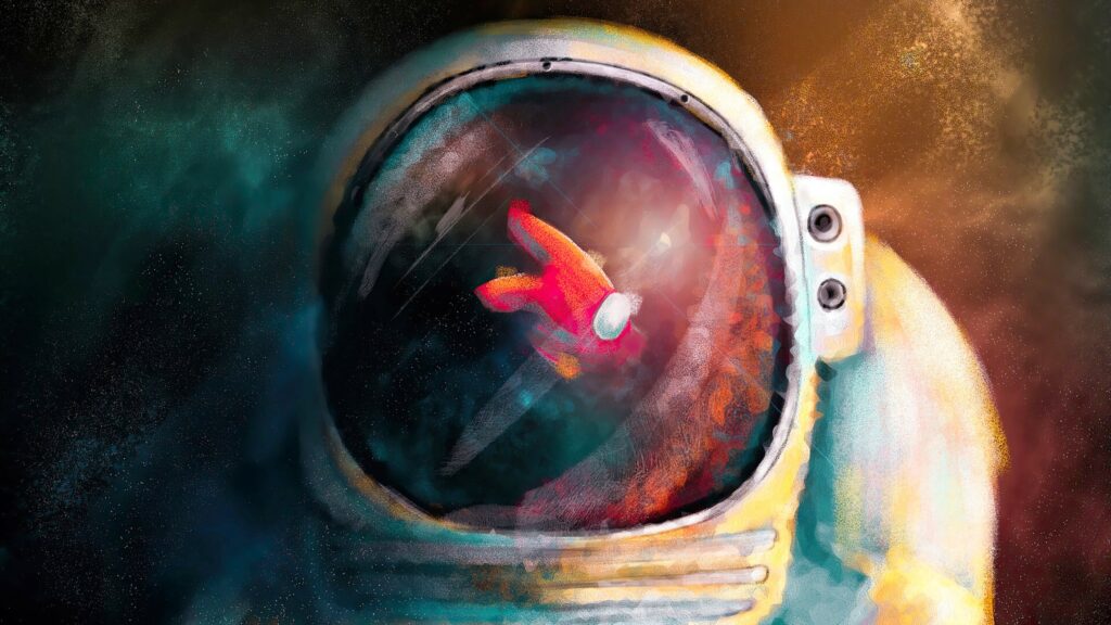 Among us in the reflection of an astronaut wallpaper